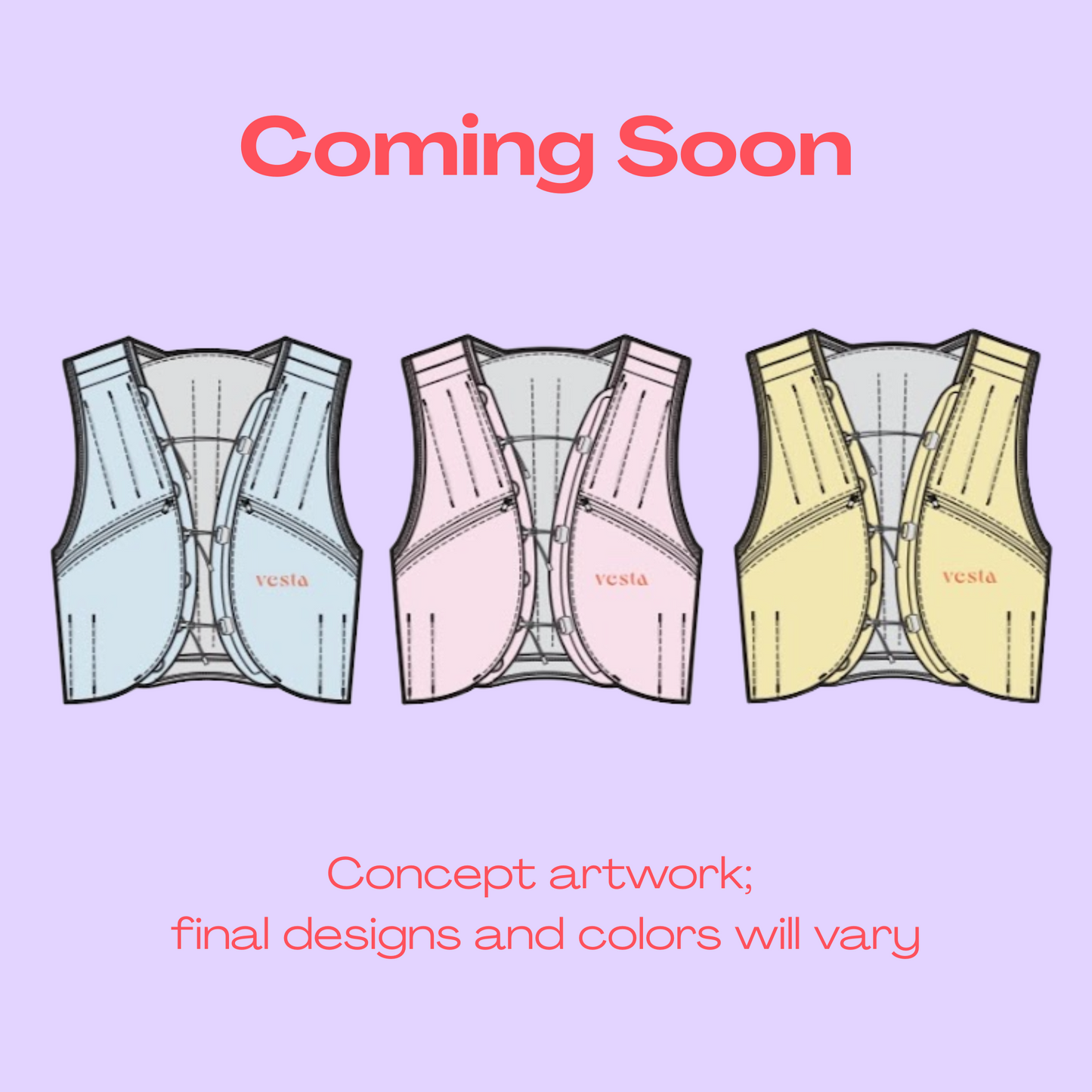 Concept artwork of three vests in pastel colors with 'Coming Soon' text on a light purple background.