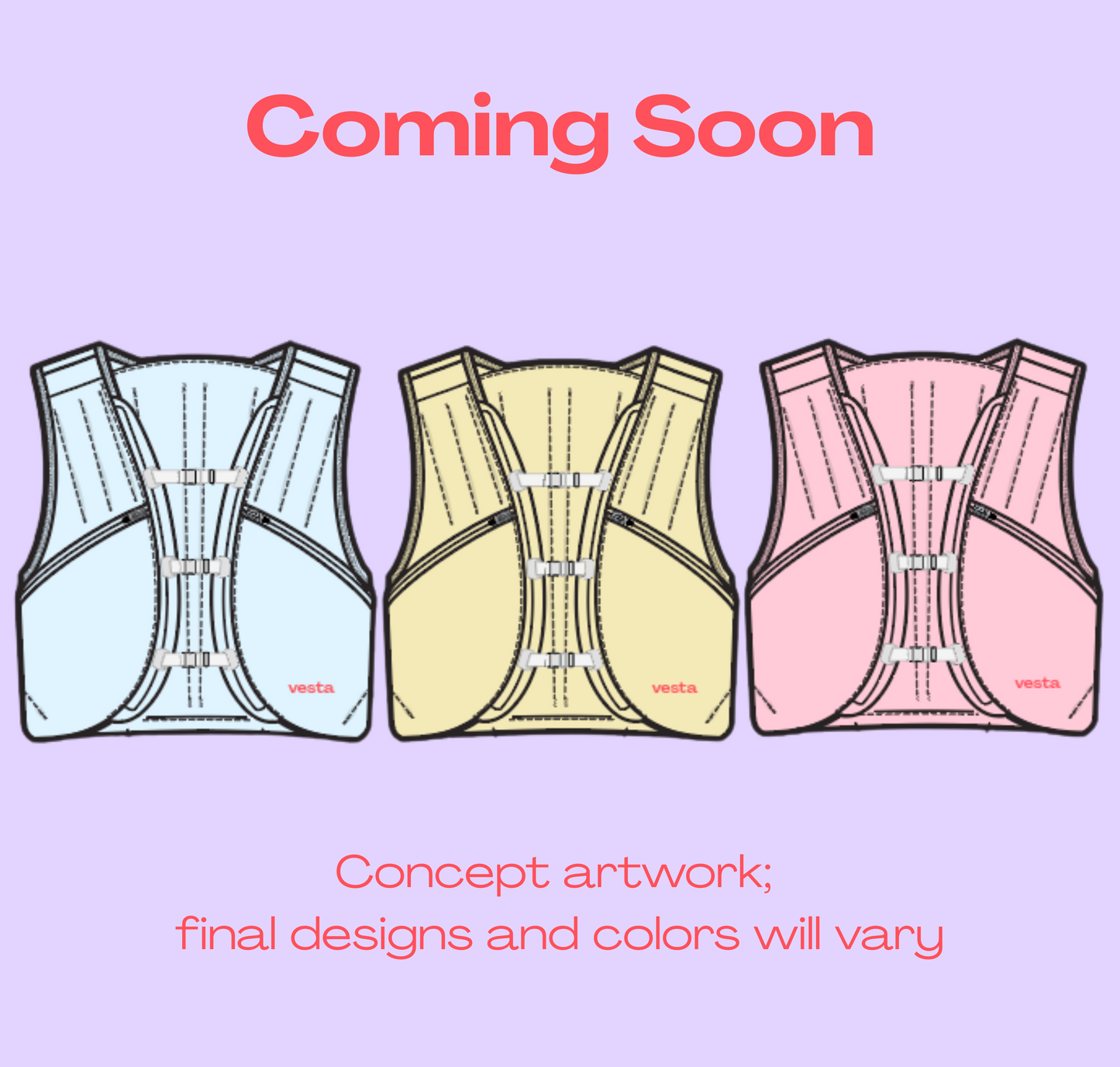 Coming soon graphic showing three back-view illustrations of structured weighted vests in light blue, pale yellow, and pink on a lavender background, with text stating concept artwork and final designs/colors will vary.