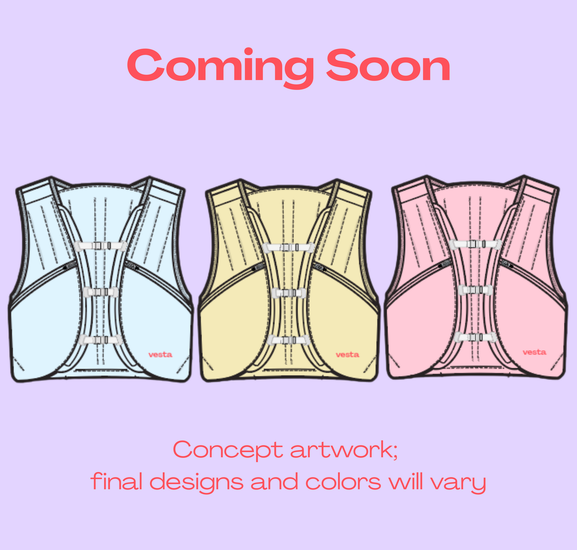 Coming soon graphic showing three back-view illustrations of structured weighted vests in light blue, pale yellow, and pink on a lavender background, with text stating concept artwork and final designs/colors will vary.