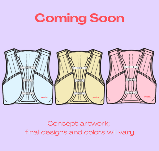Coming soon graphic showing three back-view illustrations of structured weighted vests in light blue, pale yellow, and pink on a lavender background, with text stating concept artwork and final designs/colors will vary.